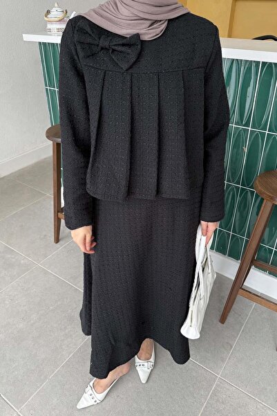 lamelif Pile Detailed Hijab Tweed Suit Black