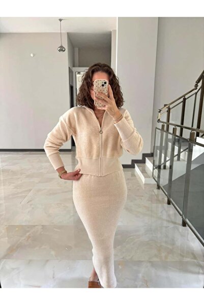 Sude Kızanlıklı Zippered Collar Cardigan Pencil Skirt Knitwear Set