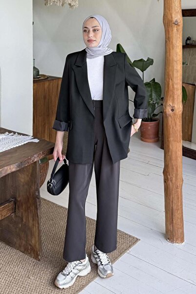 lamelif Μπουφάν Hijab με ριγέ επένδυση μαύρο