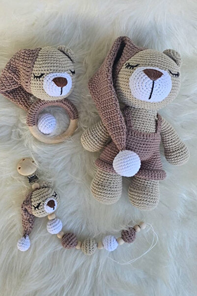 kelebeginruyasihobievi Amigurumi Uyku Arkadaşı Şapkalı Ayıcık, Çıngırak ve Em...