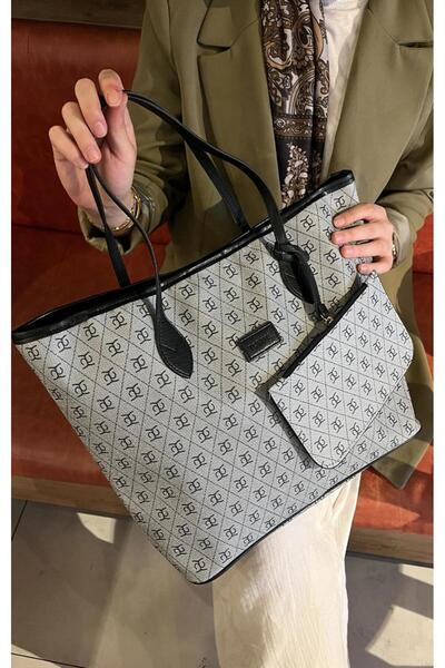 DMDBAGS Gray-Black Patterned Vegan Leather Large Shoulder & Handbag, with Wal...