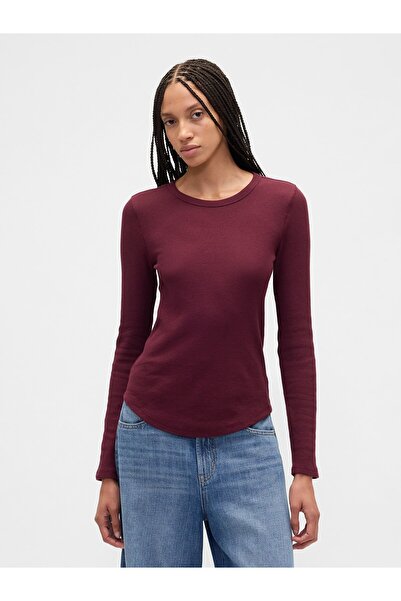 GAP Kadın Bordo Waffle-Knit Crewneck T-Shirt