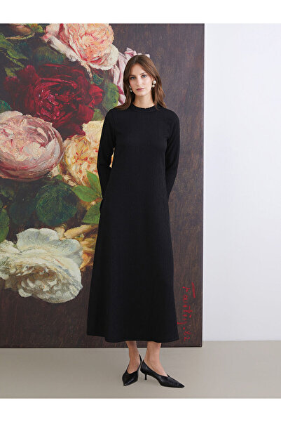 LC Waikiki Lcw Modest Black Plus Size Ruffle Mock Neck Knitwear Dress