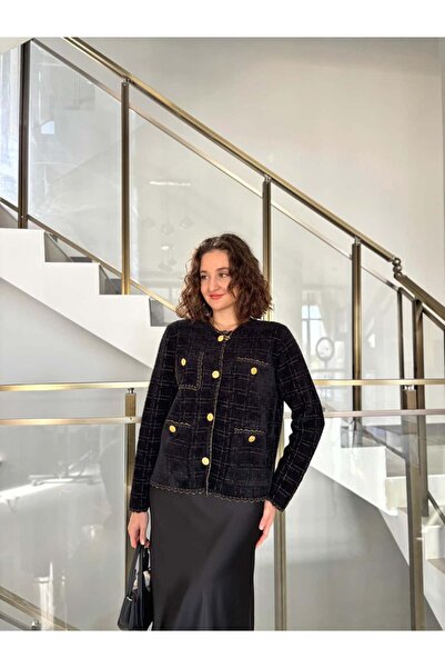 Sude Kızanlıklı Cardigan premium din tricot cu nasturi aurii negri