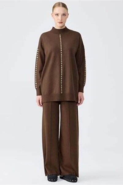 Tığ Triko Triko Şerit Taş İşlemeli Tunik Pantolon Takım - Kahve