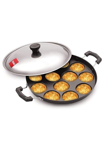 Generic TOSAA 12 Cavity Appam Patra Side Handle with Lid, 23 cm, Black