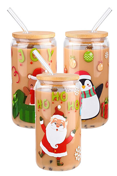 Kelira 1Pc Mixedbamboo Lid Cup with Straw Glass Cup with Straw Jar Santa Clau...