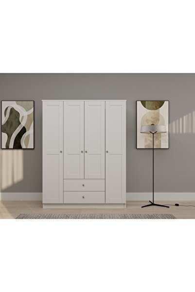 AVVİO Linen 4 Kapı 2 Çekmeceli Düğme Kulplu Gardırop