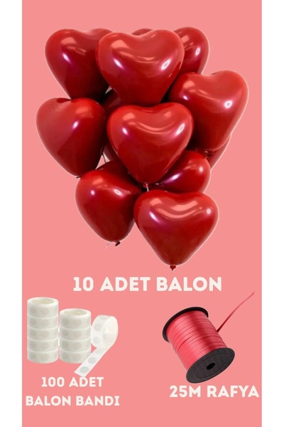 Öz-bal 10 Adet Kırmızı Kalp Lateks Balon+25 Metre Rafya+100 Adet Balon Bandı ...