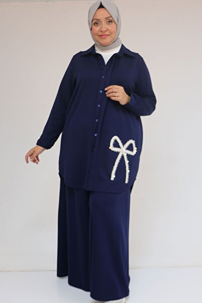 Eslina 57055 Plus Size Shirt Buttoned Pants Modal Set - Indigo