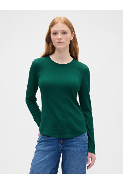 GAP Kadın Koyu Yeşil Waffle-Knit Crewneck T-Shirt
