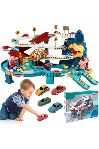 MalPlay Circuit cu parcare pentru copii Dinozaur, include 4 masinute, lift fu...