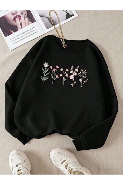 OVER HEAD Femei Black Bow cu imprimeu guler rotund Swea tricou