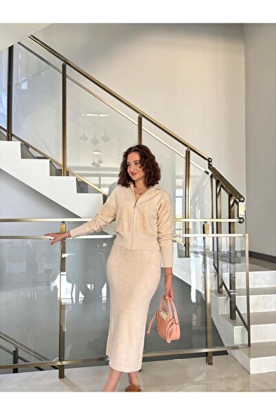 Sude Kızanlıklı Zippered Collar Cardigan Pencil Skirt Knitwear Set
