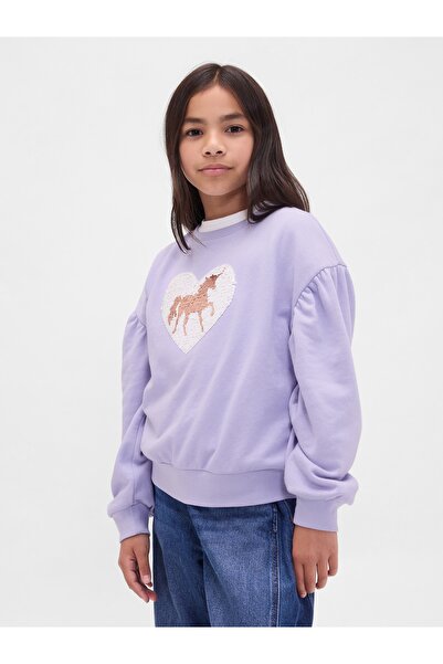 GAP Kız Çocuk Mor Relaxed Flippy-Sequin Grafikli Sweatshirt