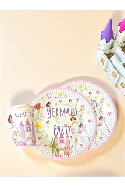 Partifabrik Mermaid Themed Cardboard Plates and Cups 8 Plates 8 Cups