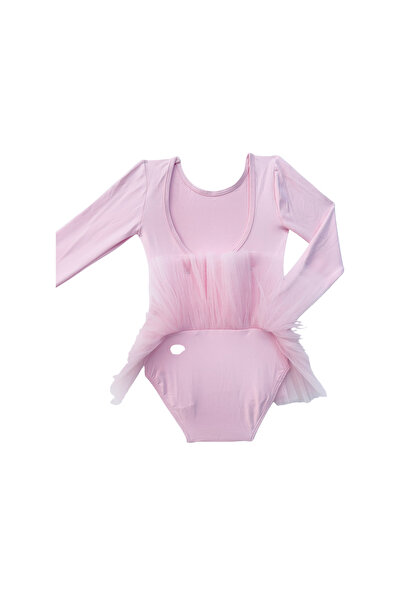 LULLY KİDS Kız Çocuk Pembe Uzun Kol Tütü Etekli Bale ve Cimnastik Mayosu