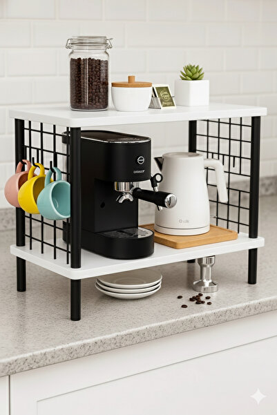 PEKA Mini Kahve Köşesi Tezgah Üstü Raf Huzurlu Mutfak Rafı Baharatlık 2 Raflı Düzenleyici Kanca