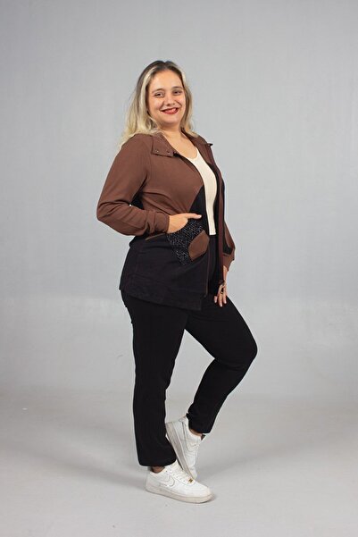 Truva XXL Stone Detailed Elegance! Plus Size Black Brown Tracksuit Set