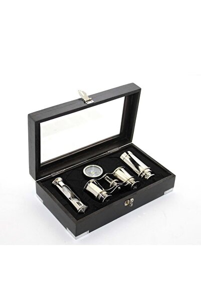 ECOME مجموعة بوصلة مناظير نحاسية وساعة رملية مع صندوق خشبي