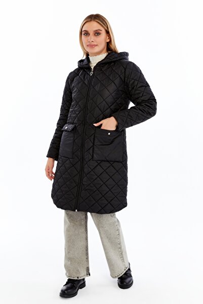 sehatex Women's Zipper Detailed Pocket Long-Sleeved Quilted Coat