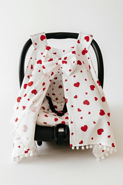 nelcollection Muslin Stroller Cover and Baby Carrier Cushion, Set of 2, with Bib Gift, 100% Cotton Fabric, Heart Pattern