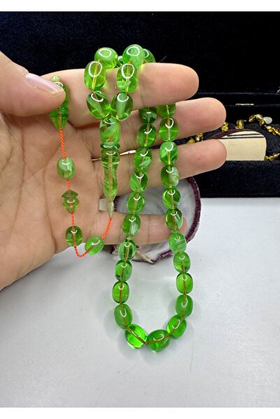 İskenderun Tesbihcilik سبحة رشيد زايد مصنوعة يدويًا من العنبر الأخضر الفاتح ا...