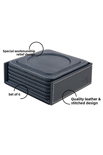 2K Coasters, Set of 6, Desktop Round Cup Coaster, Vegan Faux Leather, 11X11 Cm., Navy Blue