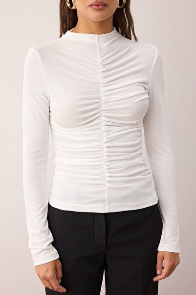 Trendyol Collection Ecru Gather Detailed Stand Collar Body Fitting Stretch Knitted Blouse Twoaw26Bz00124