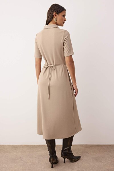 Trendyol Collection Stone Belted Three Quarter Sleeve a Line/Flared Straight Midi Knitted Dress Twoaw26El00023
