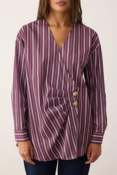 Trendyol Modest Többszínű gombos részletekkel ellátott csíkos szőtt ing TCTAW26TG00005