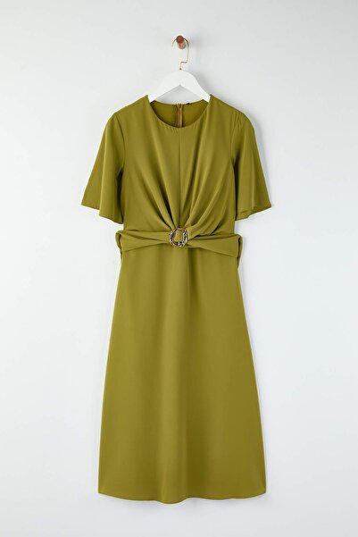 Trendyol Collection Oil Green Midi Woven Dress with Flat Accessory Detail Twoaw26El00067