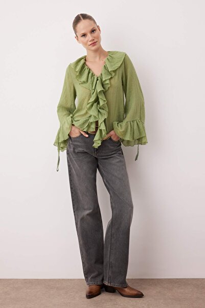 Trendyol Collection Green Ruffle Bohemian Thin Cotton Fabric Long Sleeve Woven Blouse Twoss25Bz00551