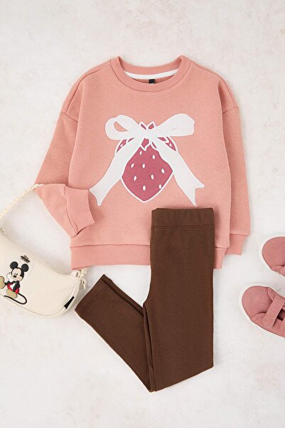 TRENDYOLKIDS Salmon Cotton Printed Crew Neck Oversize Girls' Knitted Bottom - Top Set Tkdaw26Au00050