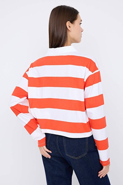 Trendyol Collection Teen Orange ριγέ γιακά πόλο Χαλαρό Crop/Άνετο κοντό πλεκτό μπλουζάκι TWOAW26TS00011