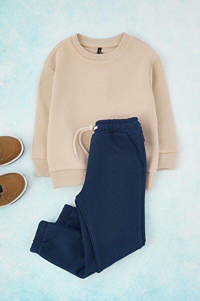 TRENDYOLKIDS Beige Back Printed Boys' Knitted Bottom - Top Set Tkdaw26Au00058