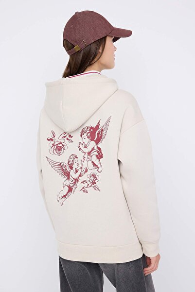 Trendyol Collection Teen Stone Hooded Back Angel Printed Thick Fleece Inside Oversize Knitted Sweatshirt Twoaw26Sw00198