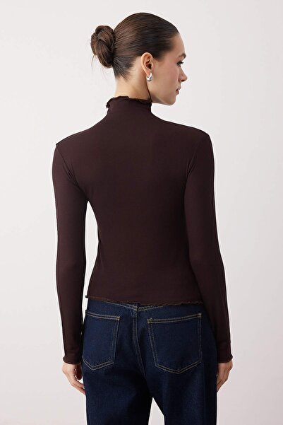 Trendyol Collection Brown Transparent High Neck Flexible Regular Length Knitted Blouse Twoaw26Bz00266