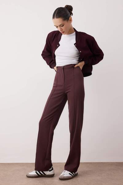 Trendyol Collection Plum Thick Flexible Fabric Straight Straight Cut High Waist Ribbed Seam Trousers Twoaw26Pl00027