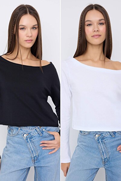 Trendyol Collection Black-White 100% Cotton Asymmetric Boat Neck Relaxed/Relaxed Fit Knitted T-Shirt Twoaw26Ts00016