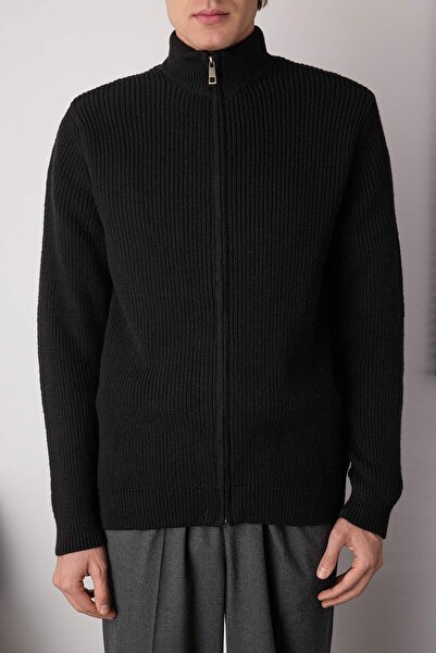 Trendyol Collection Black Regular Mock Neck Straight Zippered Cardigan Tmnaw26Hi00002