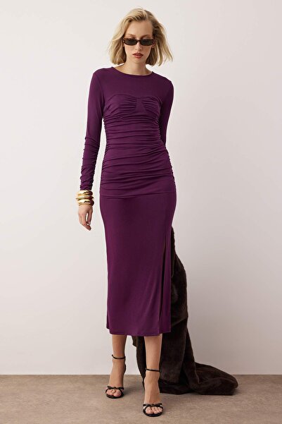 Trendyol Collection Plum Knitted Maxi Dress with Chest Detail Tpraw26El00087