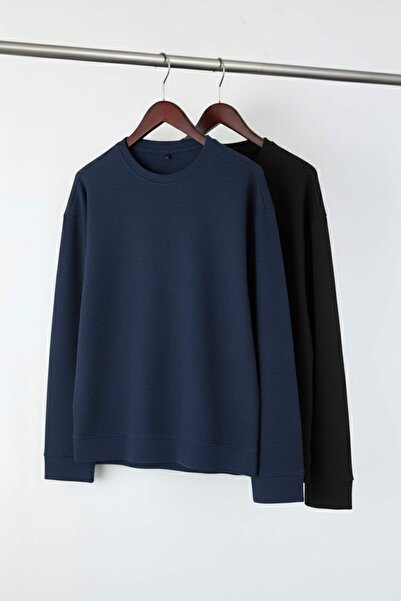 Trendyol Collection Black-Navy Blue 2-Pack 100% Cotton Long Sleeve Regular/Normal Fit T-Shirt Tmnaw24Ts00001