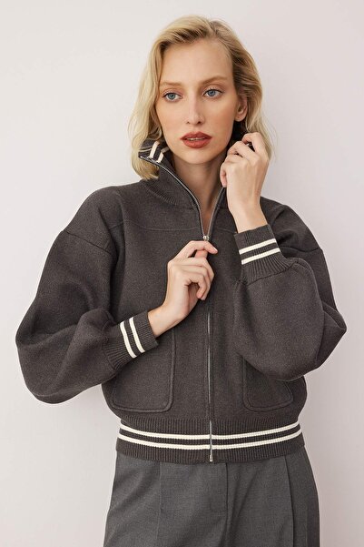 Trendyol Collection Anthracite Premium Yarn/Special Yarn Zippered Coat Look Knitwear Cardigan Twoaw26Hi00133