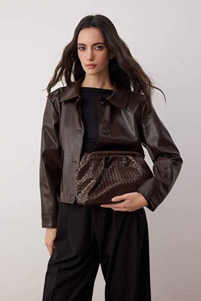 TRENDYOL SHOES Brown Knitted Patterned Dual-Use Women's Handbag with Magnet Closure