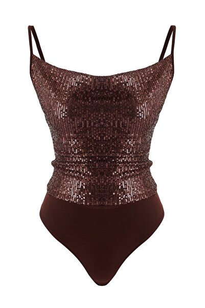 Trendyol Collection Dark Brown Degaje Collar Strap Knitted Sequin Snap Fastener Bodysuit Tpraw26Bd00030