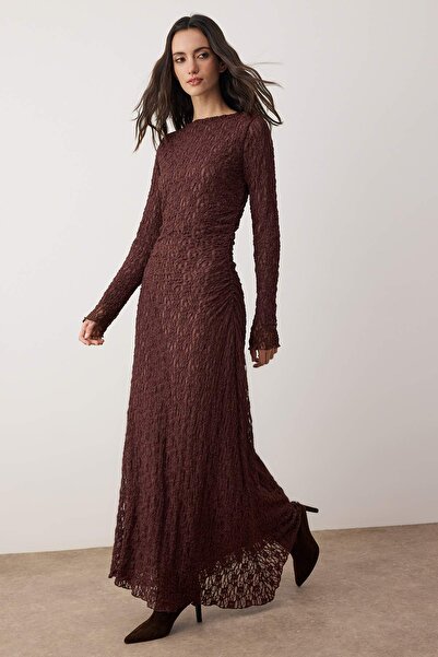 Trendyol Modest Brown Lined Lace Fabric Knitted Dress Tctaw26Eb00053