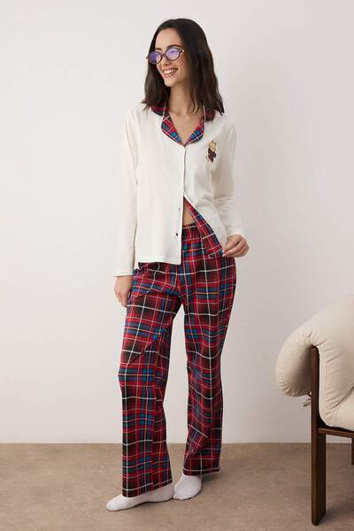 Trendyol Collection Ecru 100% Cotton Plaid Cat Printed Knitted Pajamas Set Thmaw26Pt00153