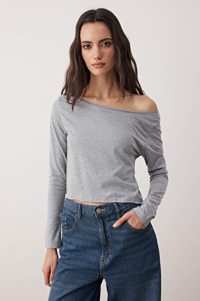 Trendyol Collection Teen Navy Blue-Grey Melange 100% Cotton Open Shoulder Neckline Relaxed Fit Knitted T-Shirt Twoaw26Ts00016