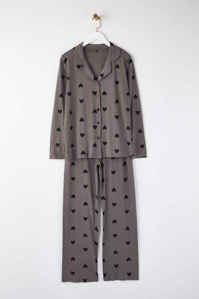 Trendyol Collection Grey 100% Cotton Heart Patterned Knit Pajama Set THMAW21P...